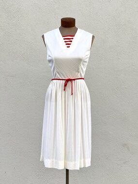 Vintage 60s Bobbie Brooks Red and White Sleeveless Pleated Jersey Dress Small